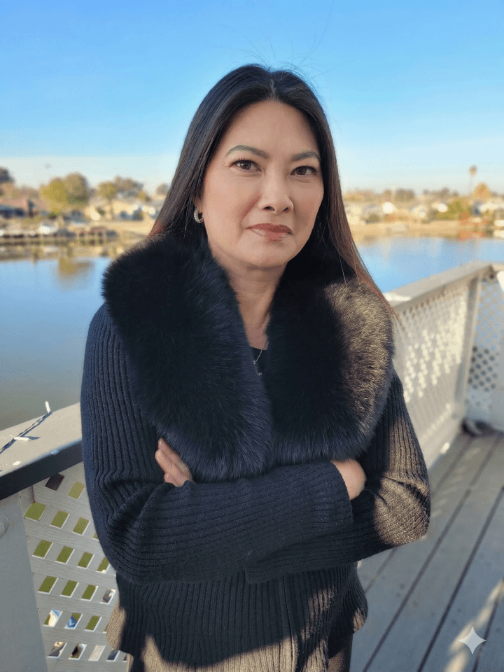 A woman wearing a black sweater and a fur stole stands on a bridge.
